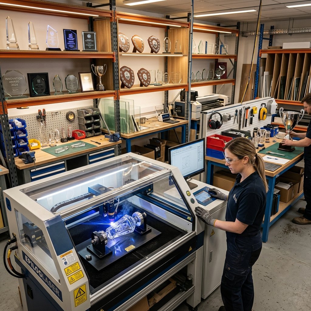 Ishan Industries trophy manufacturing workshop in Vadodara